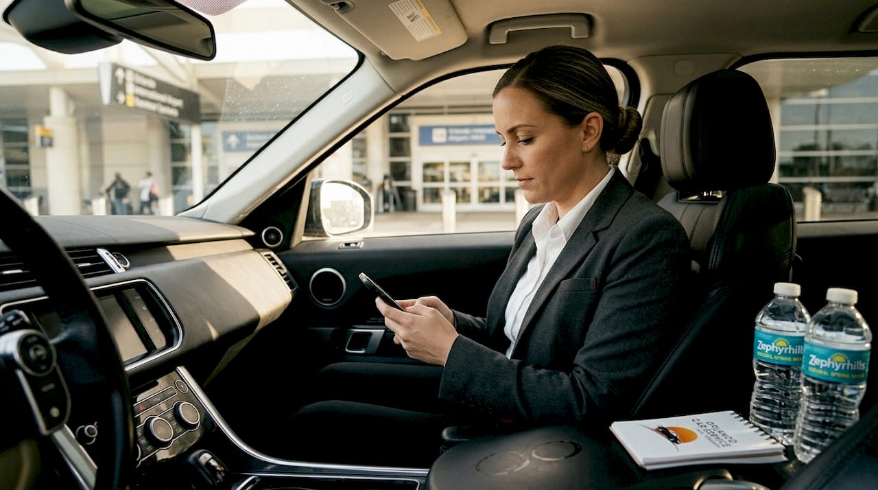 Chauffeur checking flight info in SUV