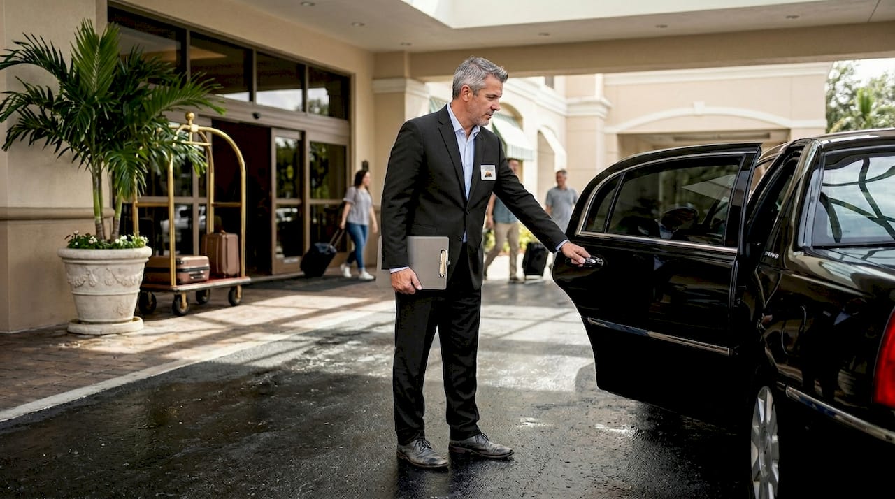 Chauffeur opening sedan at Orlando hotel