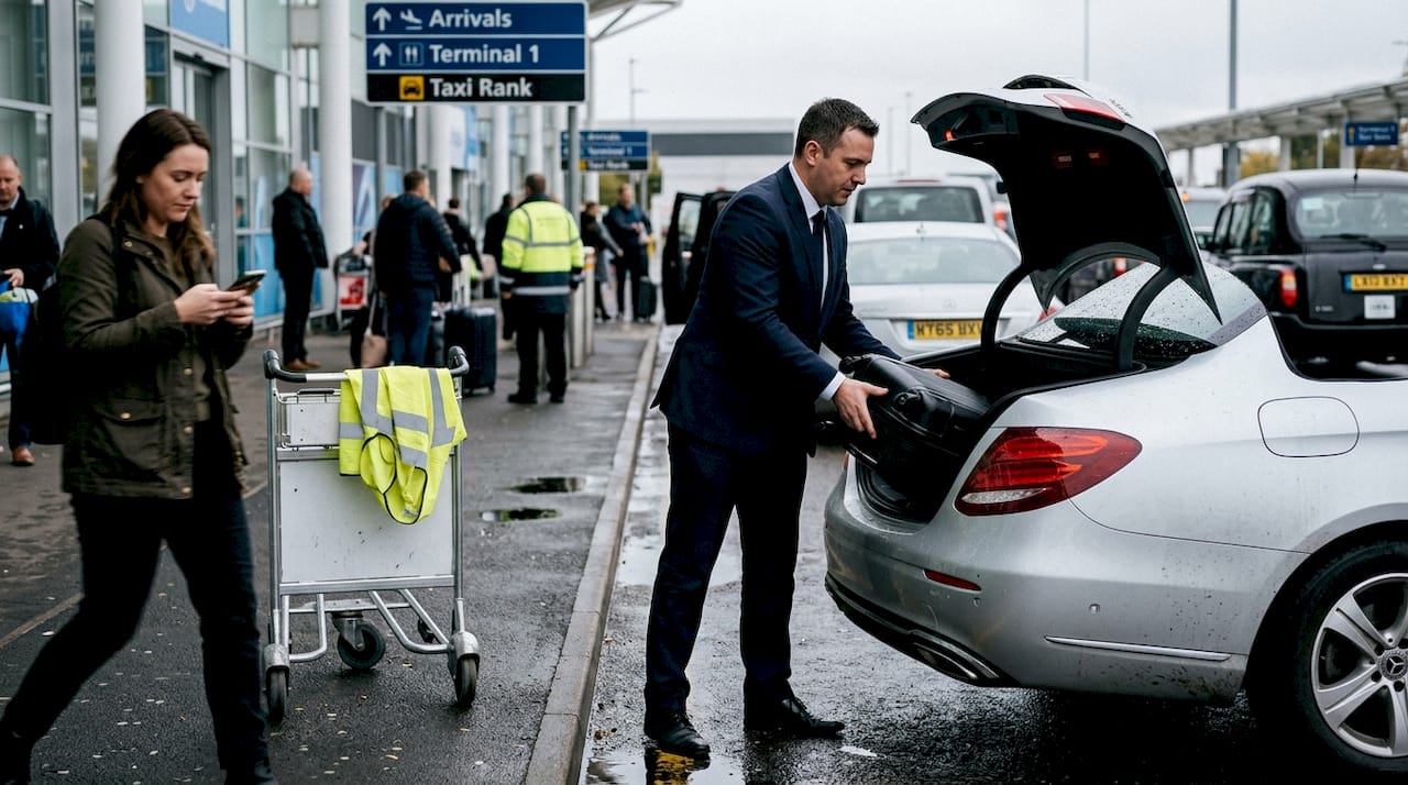 Chauffeur loading luggage outside Birmingham Airport
