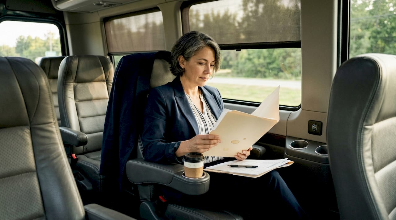 Woman reviews papers in plush minibus interior