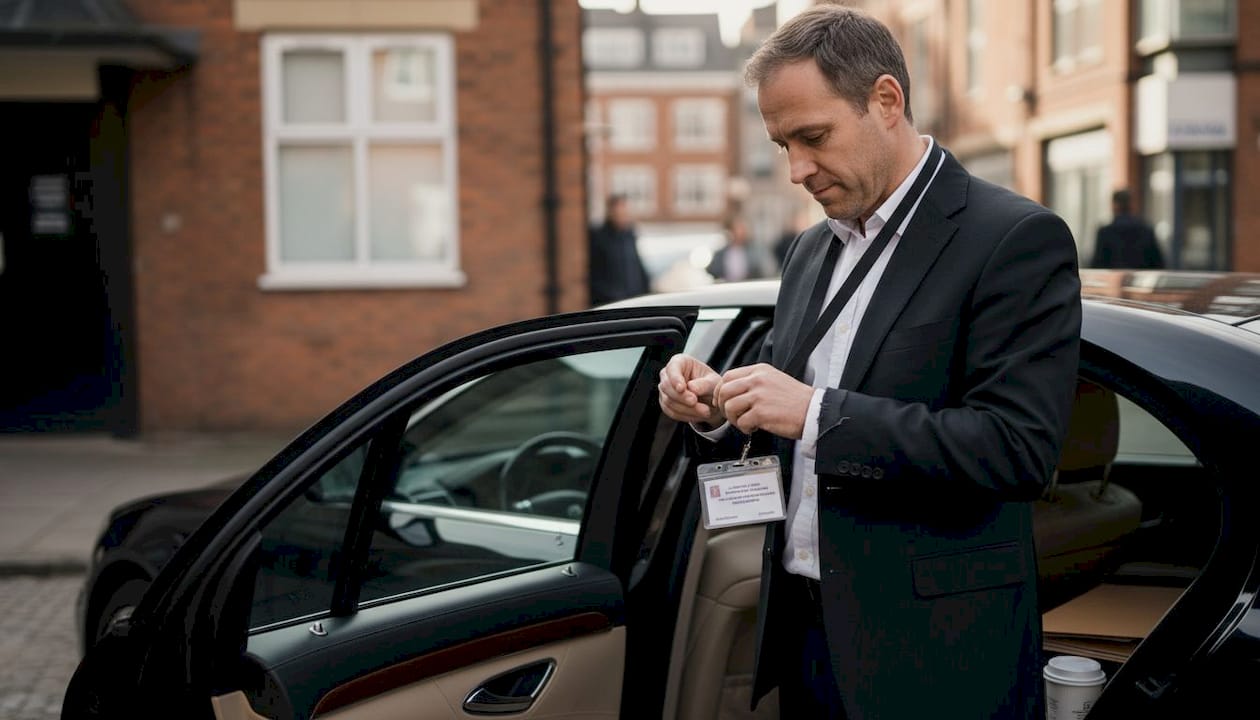 Chauffeur reviews credentials by parked sedan