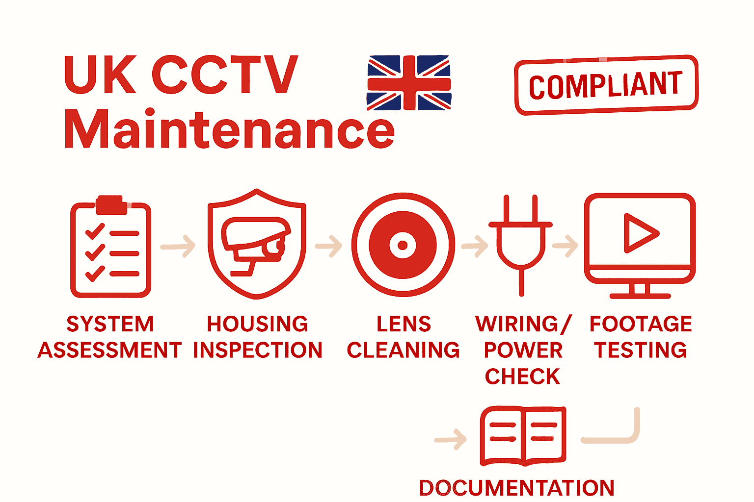 Infographic showing six key steps in CCTV maintenance process for UK sites