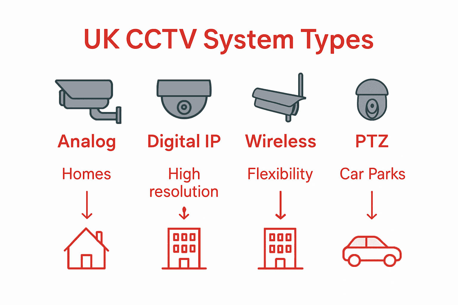 Infographic comparing main CCTV system types used in UK homes and businesses.