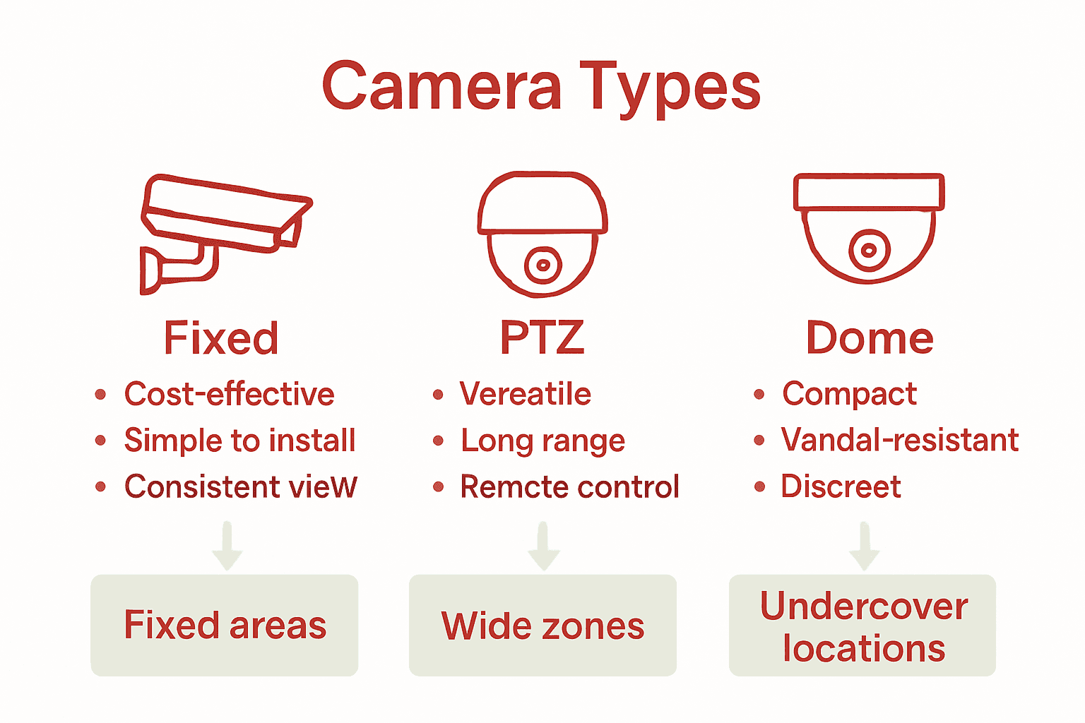 Infographic comparing fixed, PTZ, and dome CCTV cameras.