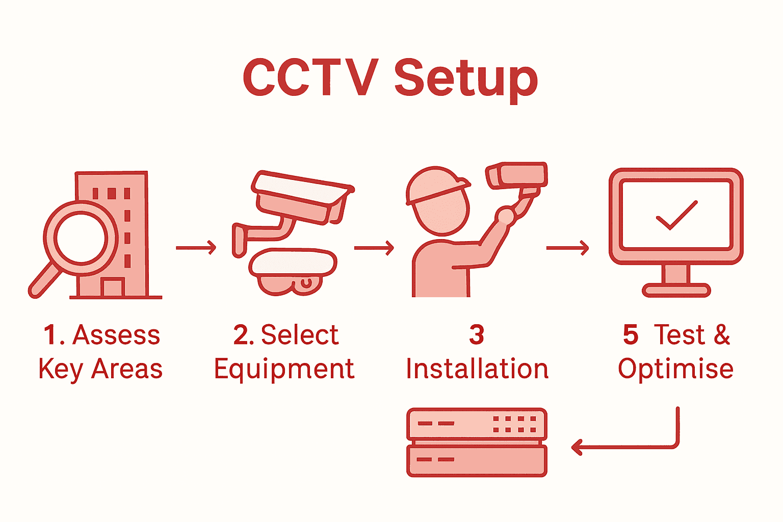 Infographic showing 5-step process for business CCTV setup.