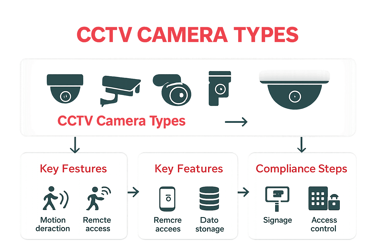 Infographic comparing warehouse CCTV types, features, and compliance steps.
