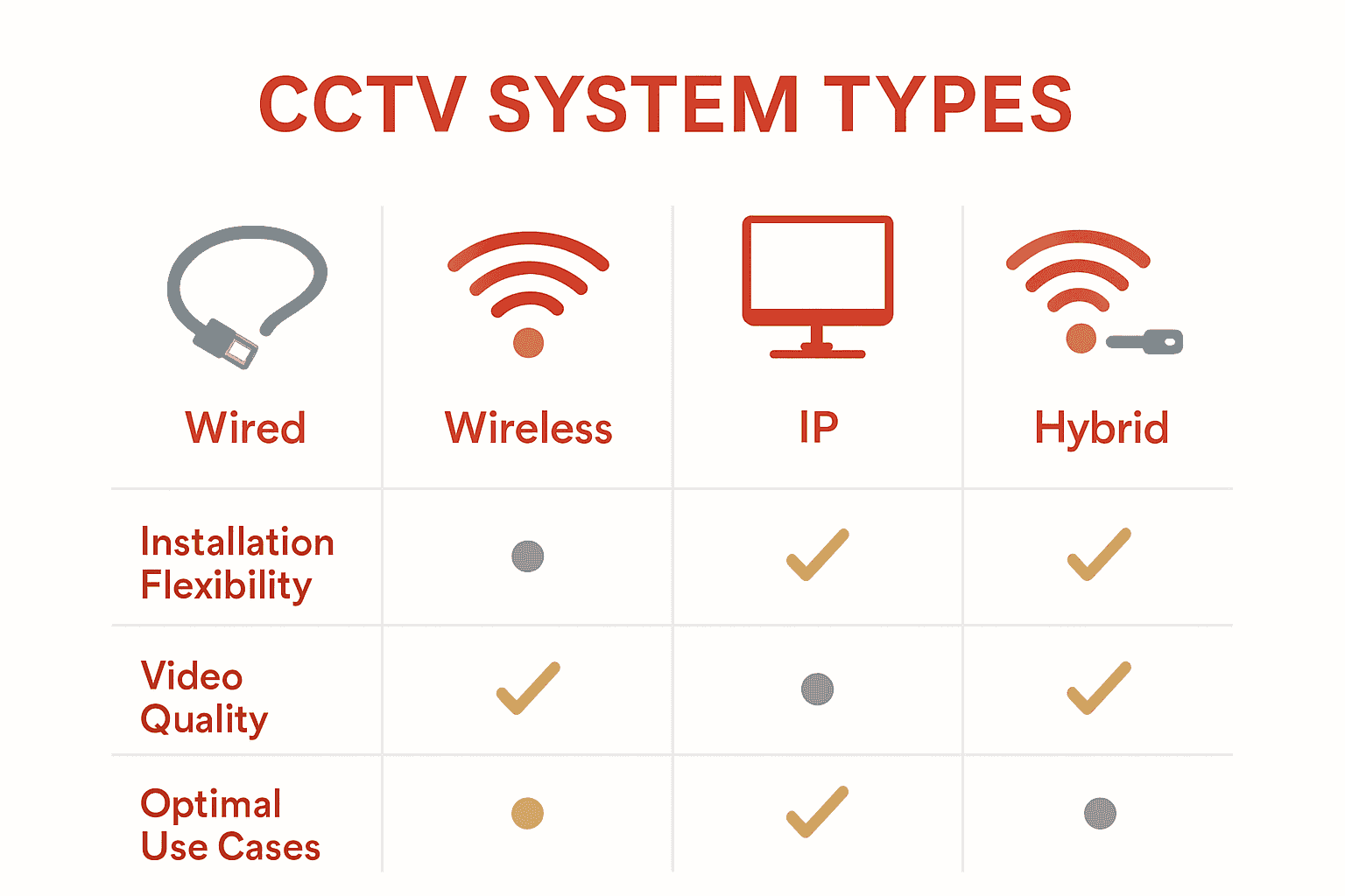 Infographic comparing wired, wireless, IP, and hybrid CCTV systems.