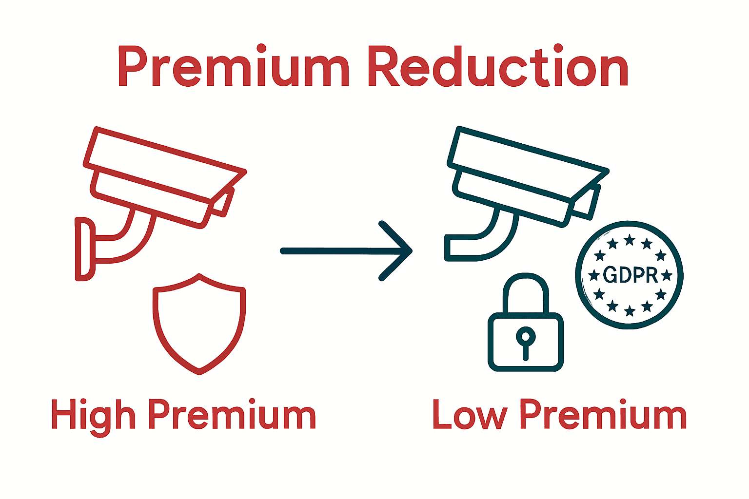Visual comparing UK insurance premiums before and after CCTV installation with icons for premium, CCTV, and compliance.