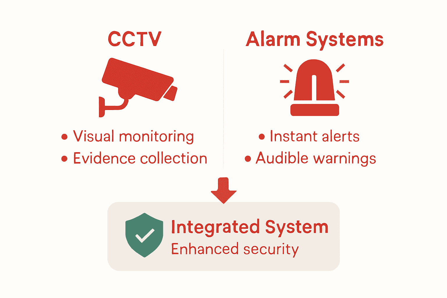Infographic comparing CCTV and alarm system features with side-by-side columns and integration benefits.
