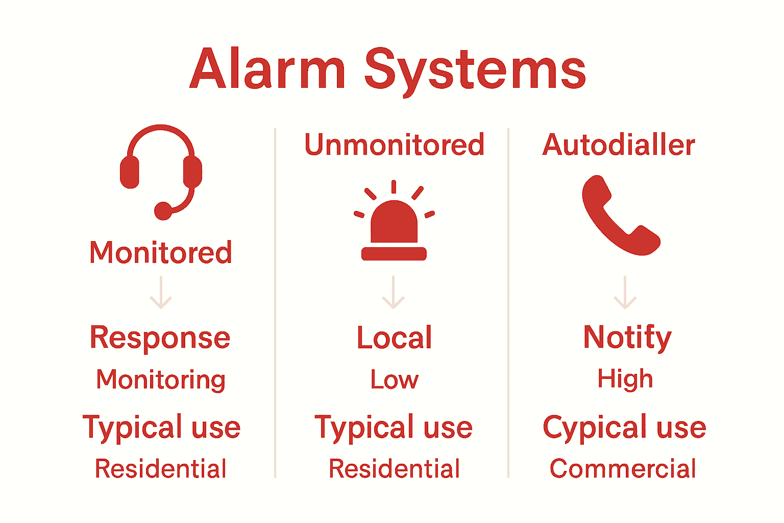 Infographic comparing UK burglar alarm system types: monitored, unmonitored, and auto-dialler.