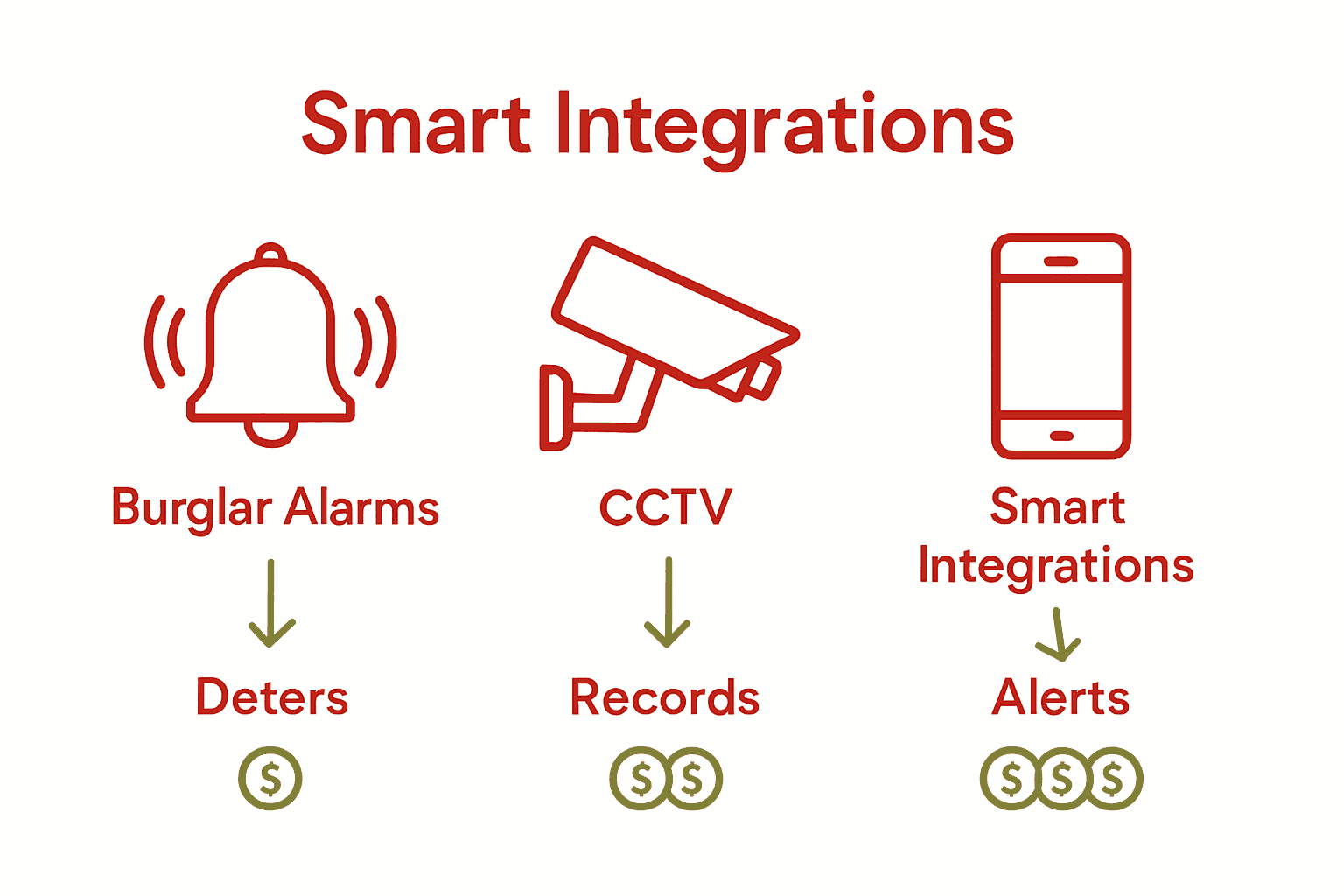 Infographic comparing burglar alarms, CCTV, and smart security integrations.