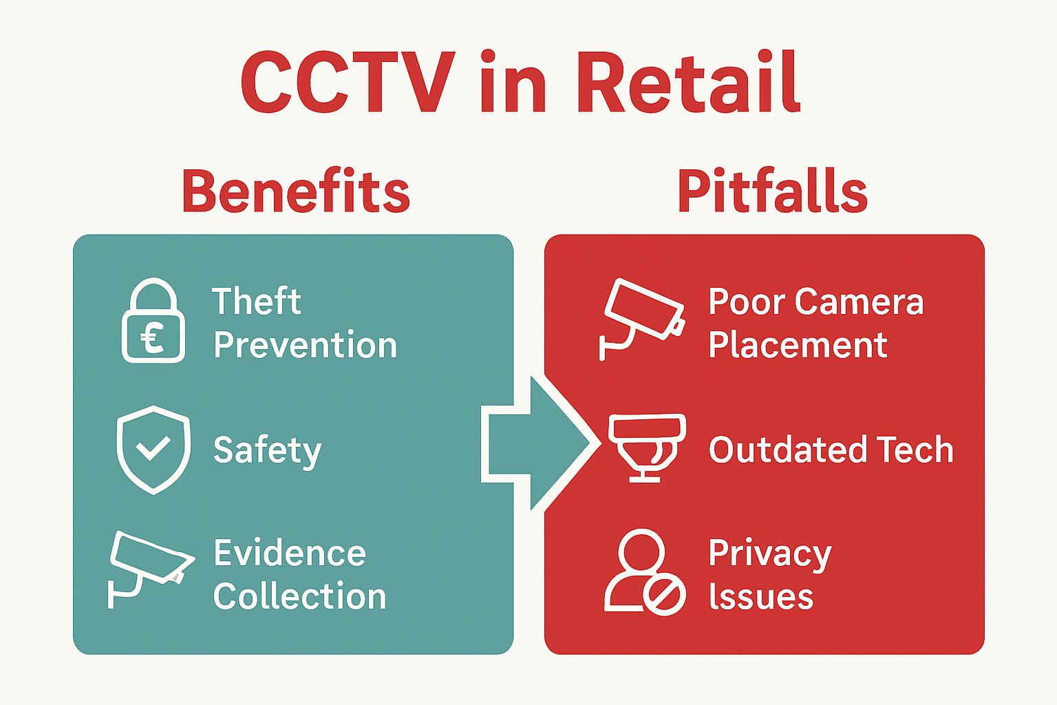 Infographic comparing CCTV retail benefits vs pitfalls