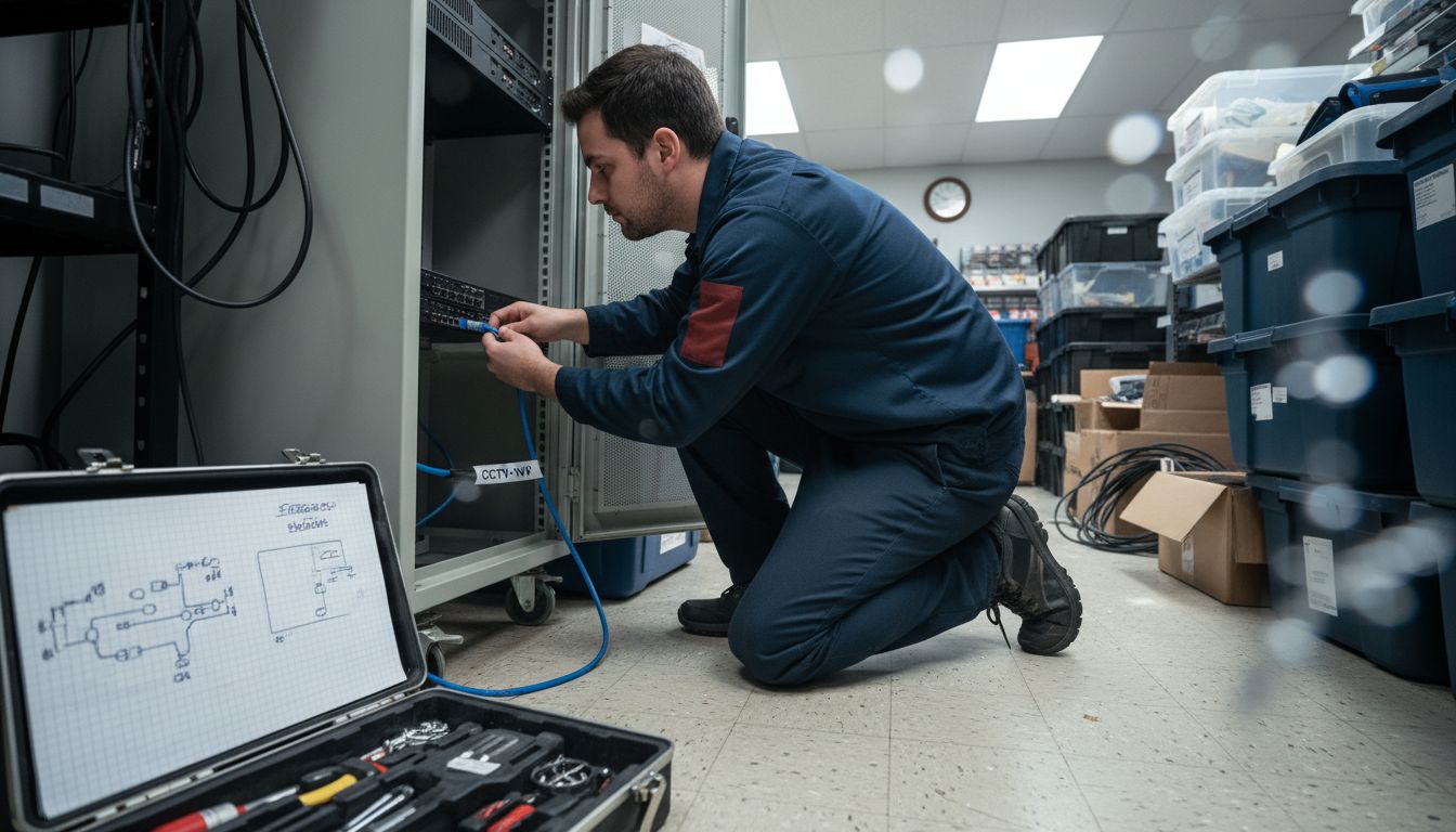 Technician setting up CCTV network cables