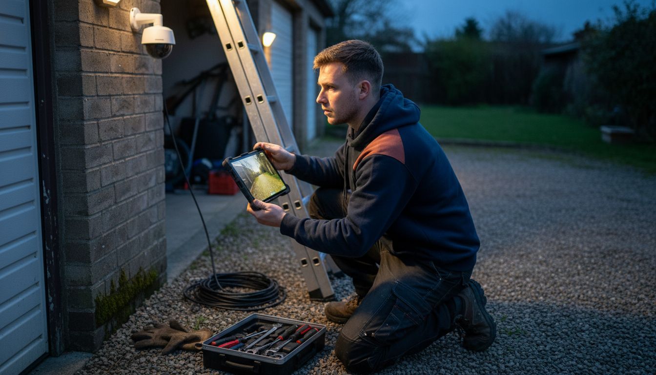 Technician installs CCTV at dusk on driveway