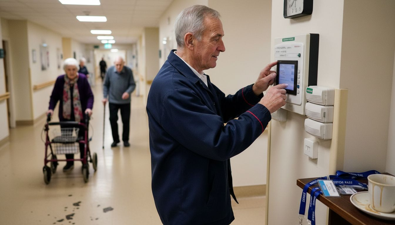 Staff adjusting care home security panel