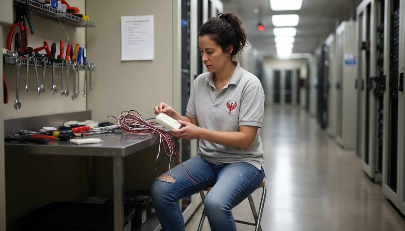 Technician compares wireless and wired alarms