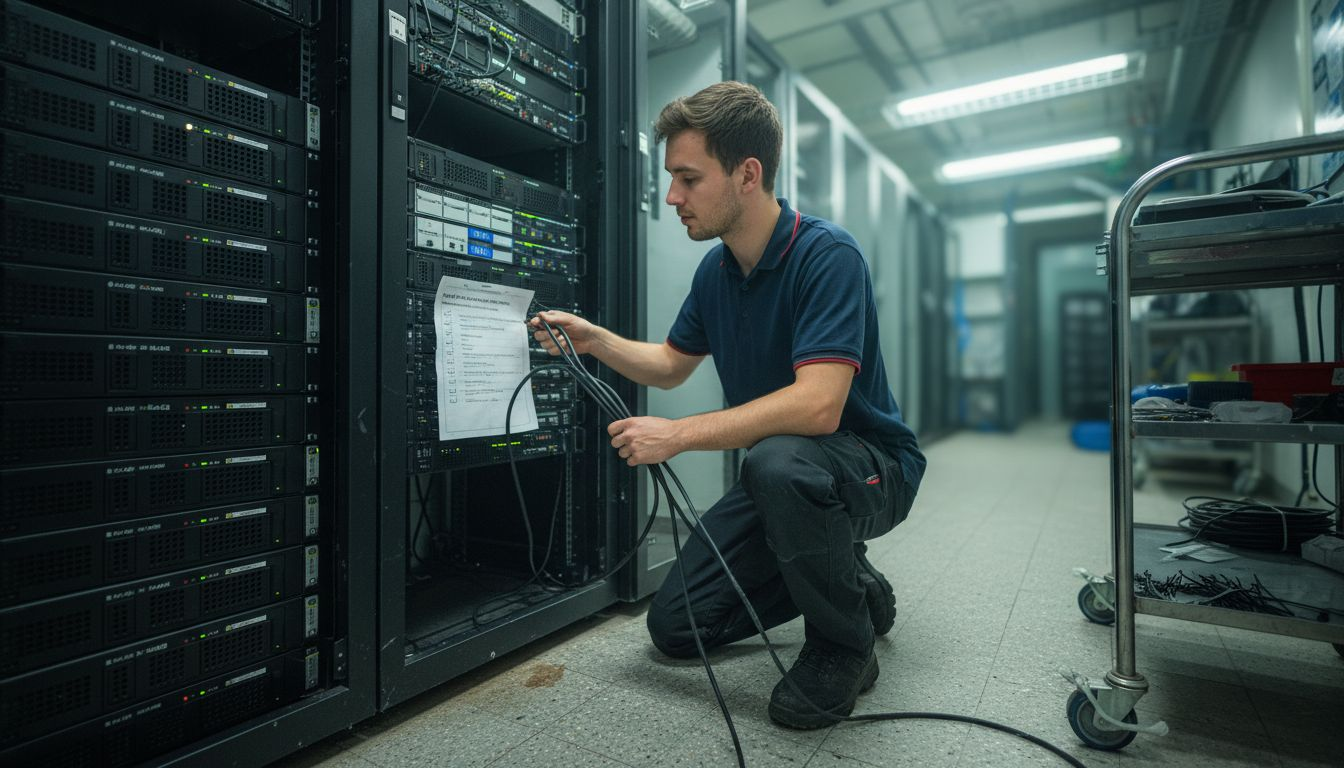 Technician inspecting CCTV servers in server room