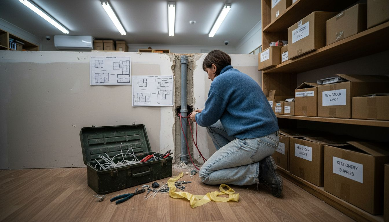 Shop owner planning alarm wiring routes