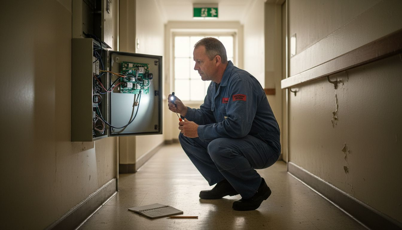 Maintenance worker inspecting care home panel