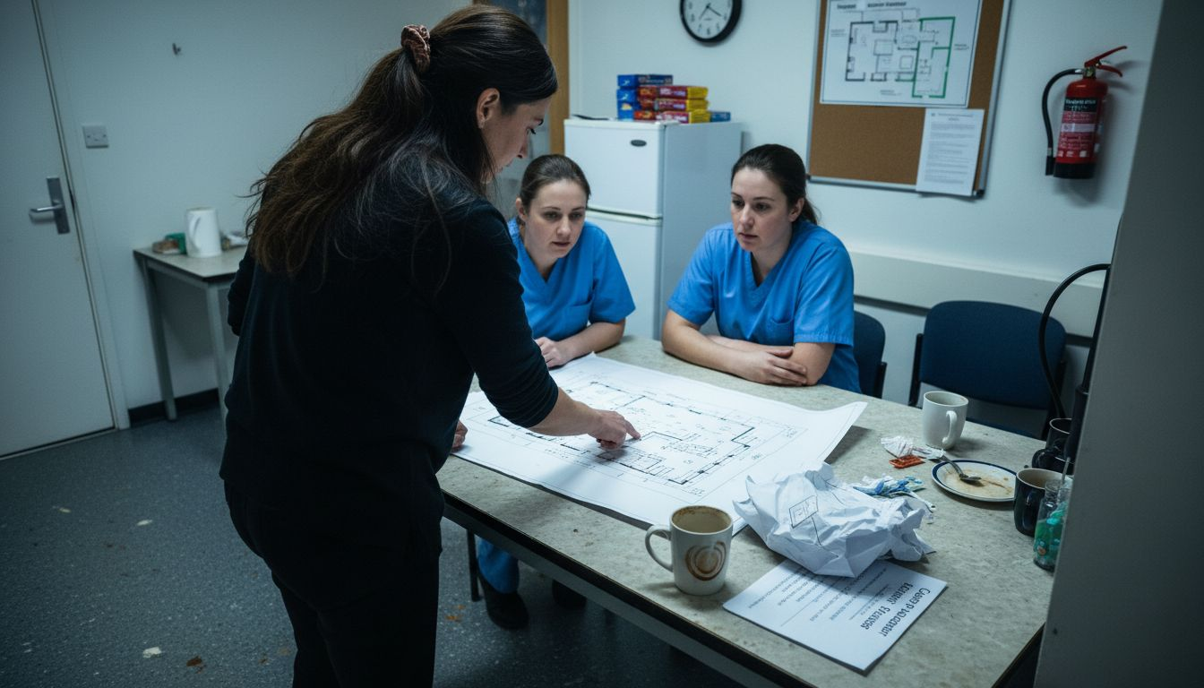 Consultant reviews blueprints with care staff