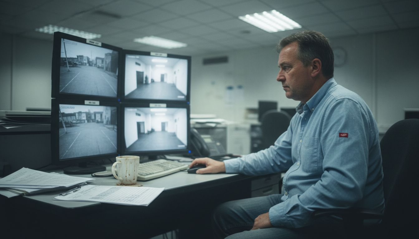 Technician monitoring multiple CCTV screens