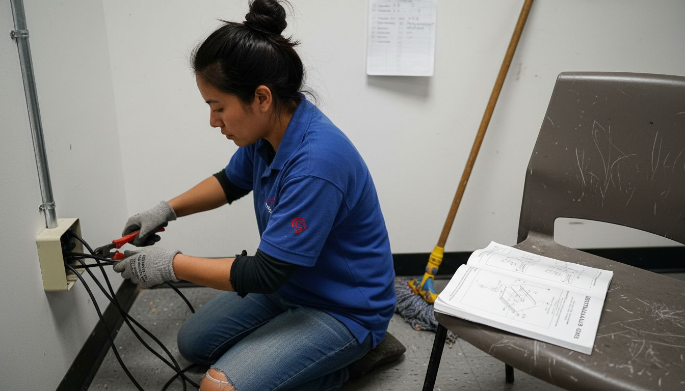 Technician installing CCTV cables in office