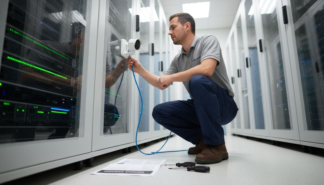 Technician connecting IP camera in server room