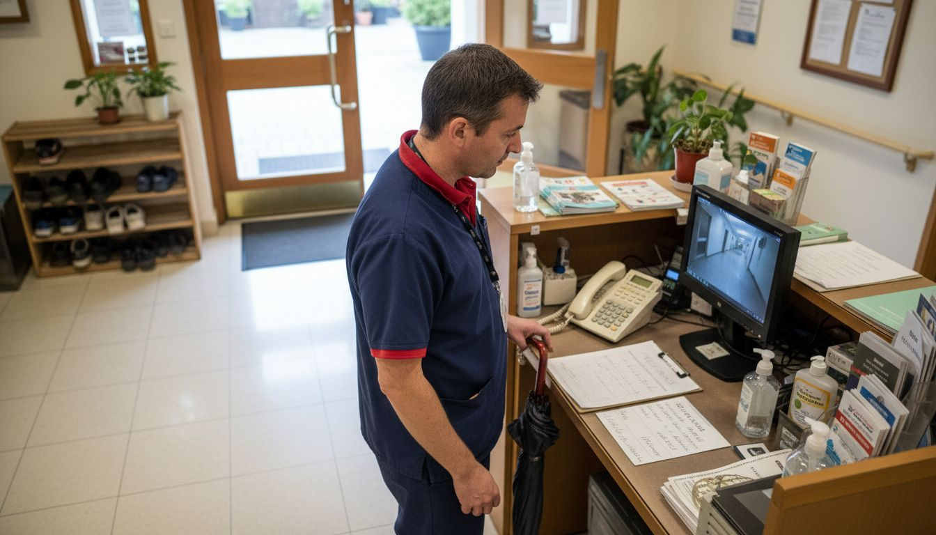 Care staff reviewing CCTV monitor at reception