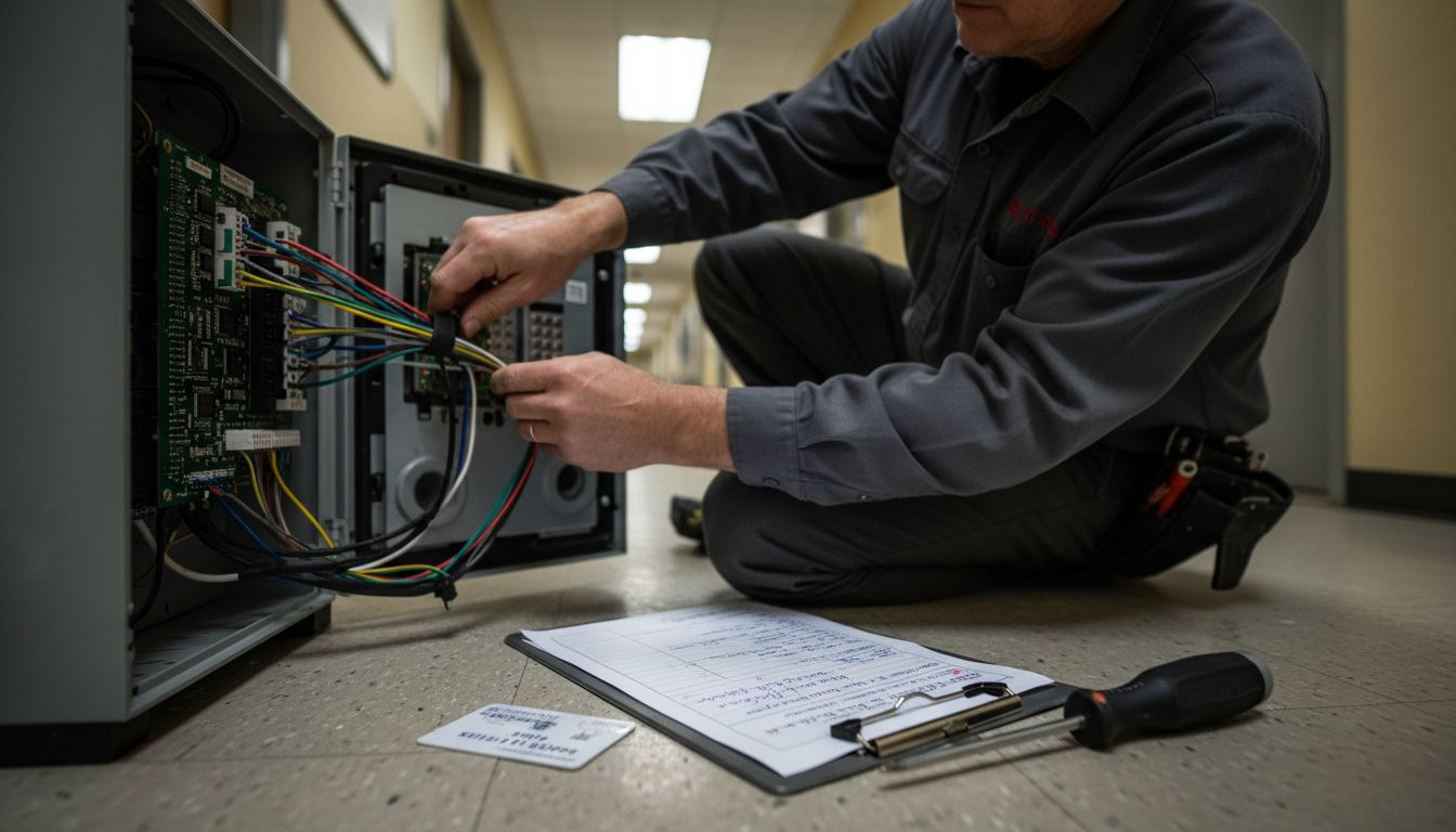 Technician installing advanced entry system panel