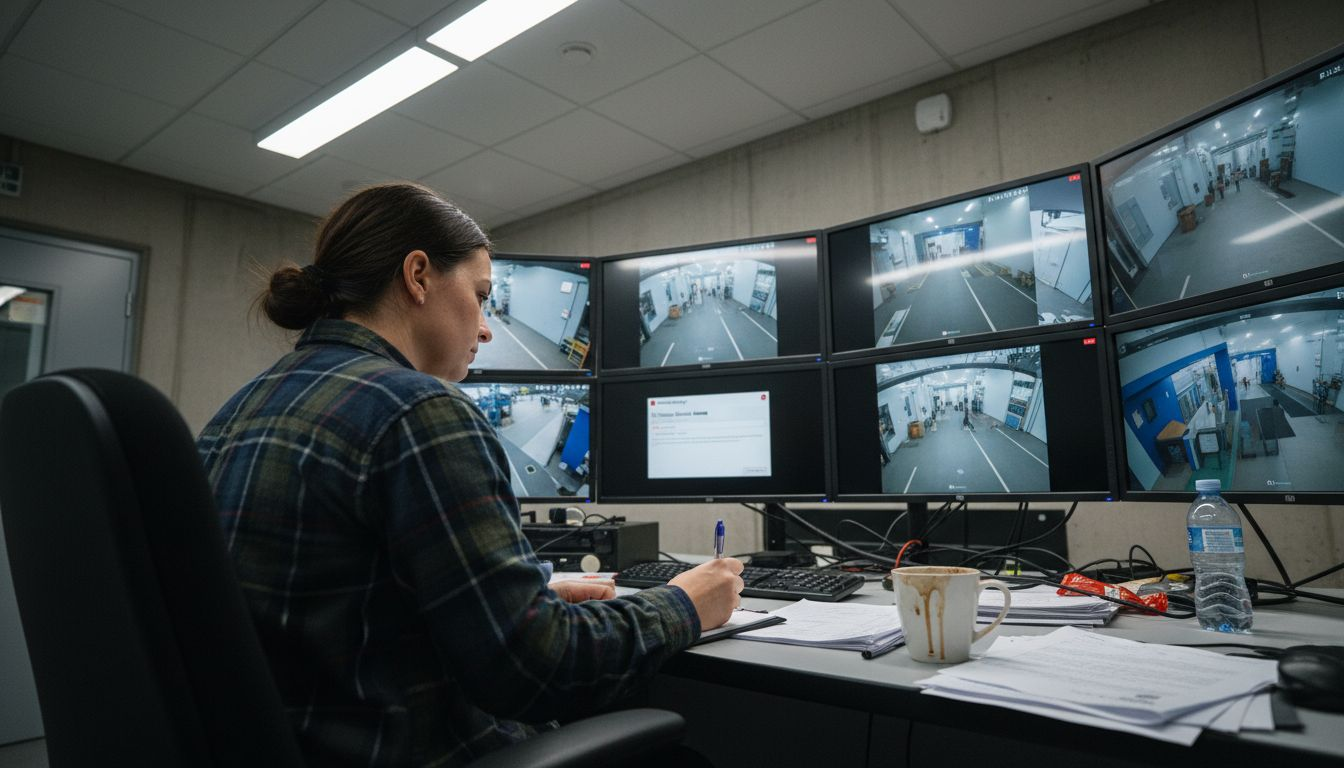 Security operator monitoring alarms in control room