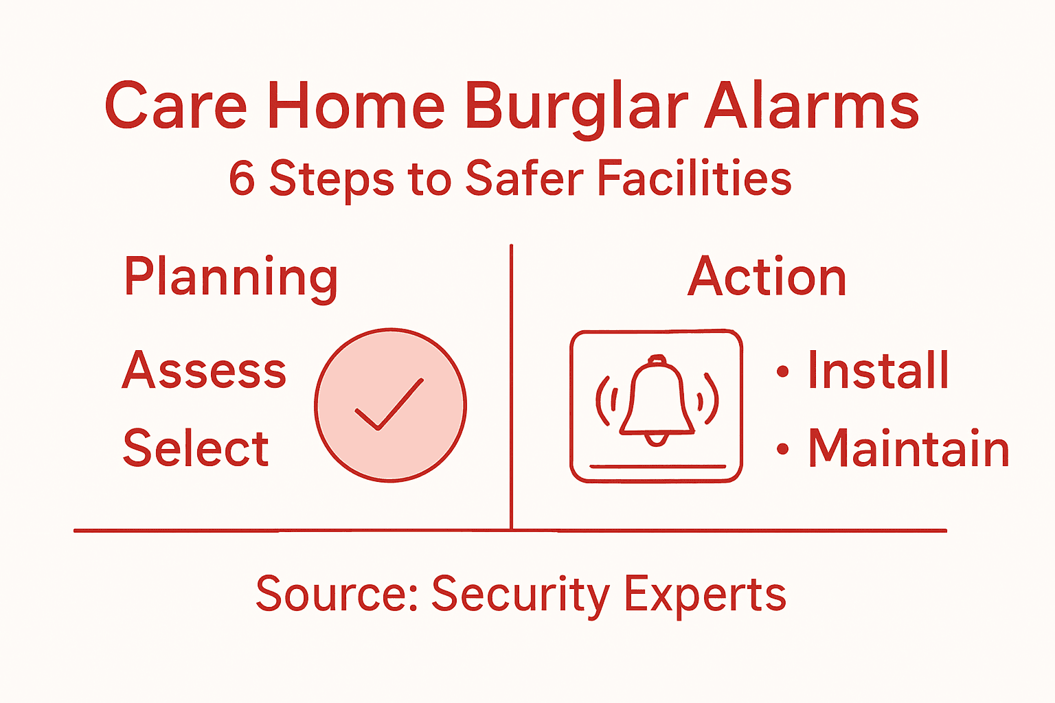Infographic showing key burglar alarm steps for care homes