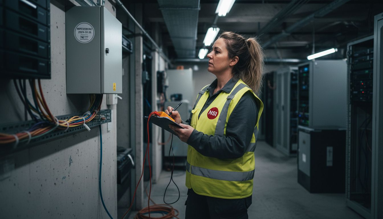 Technician inspects alarm and notes maintenance