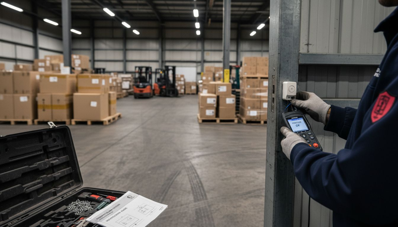 Technician testing alarm sensor in warehouse