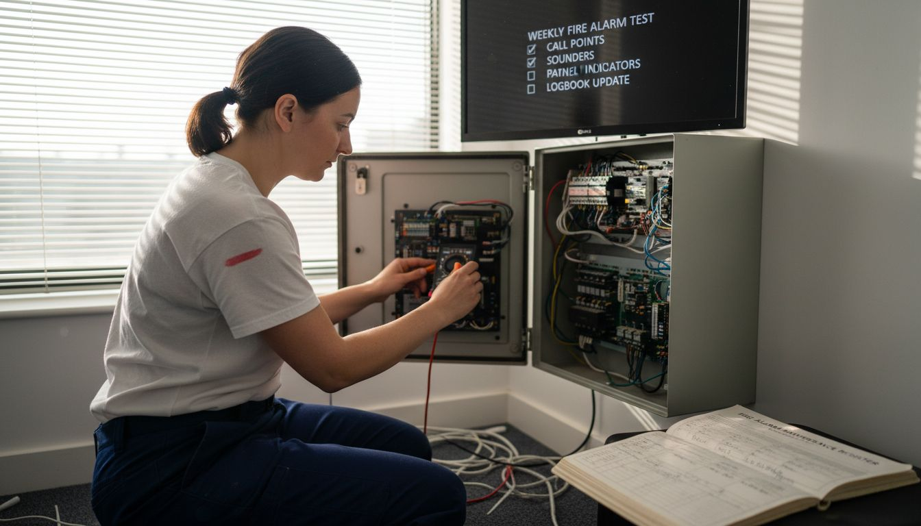 Technician performs alarm system maintenance
