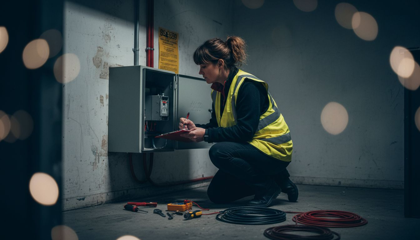 Inspector checking alarm standards compliance