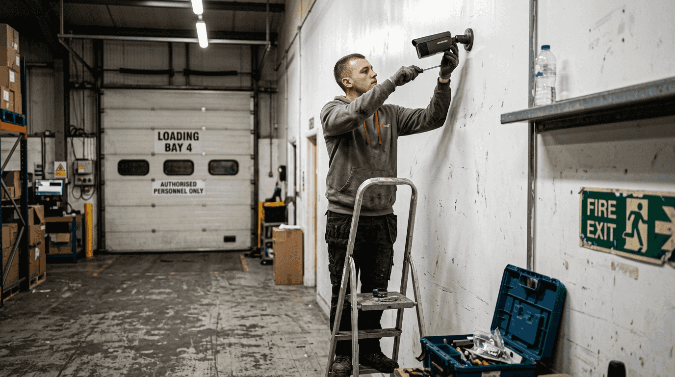Technician adjusting CCTV camera placement