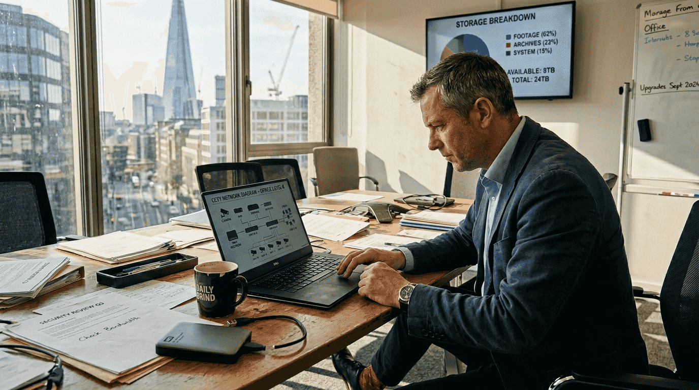 Manager reviewing CCTV storage plan on laptop