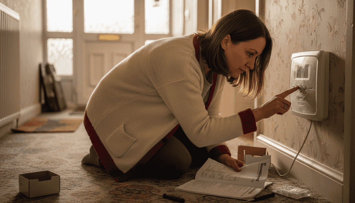 Person testing alarm control panel indoors