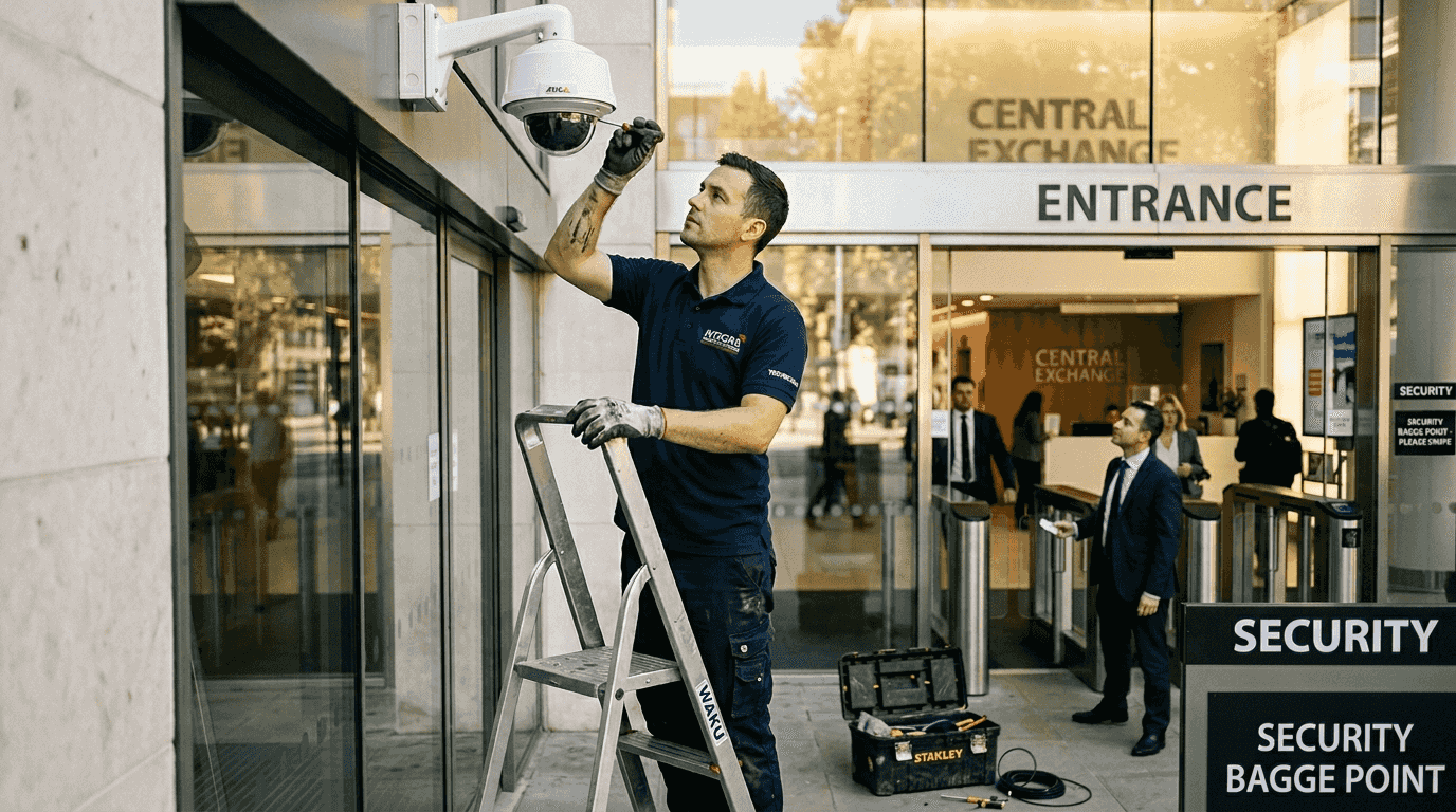 Technician installing IP CCTV above building entrance