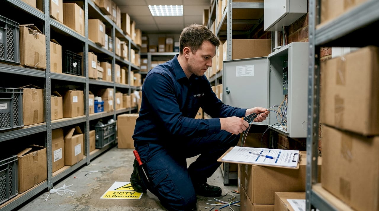 Technician installing alarm wiring in stockroom