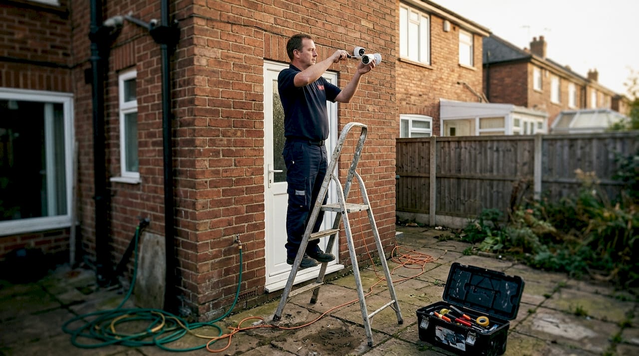 Technician installing outdoor CCTV camera