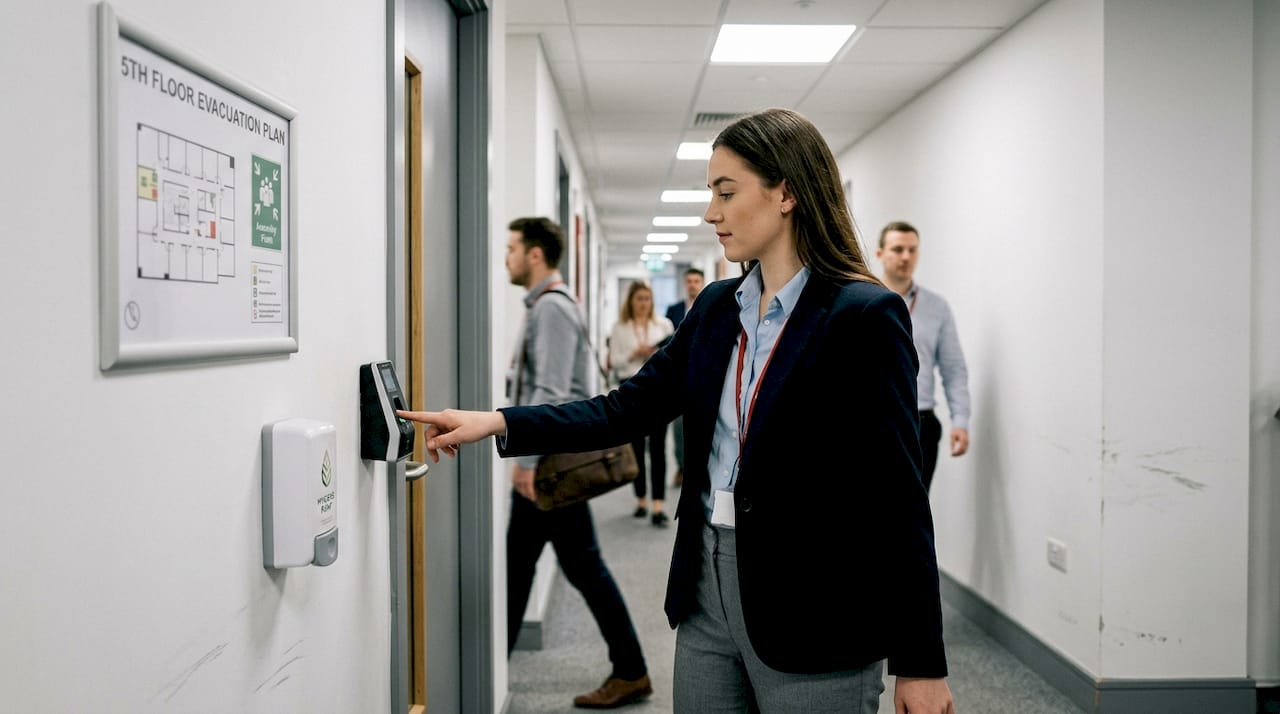 Employee using office fingerprint scanner for access