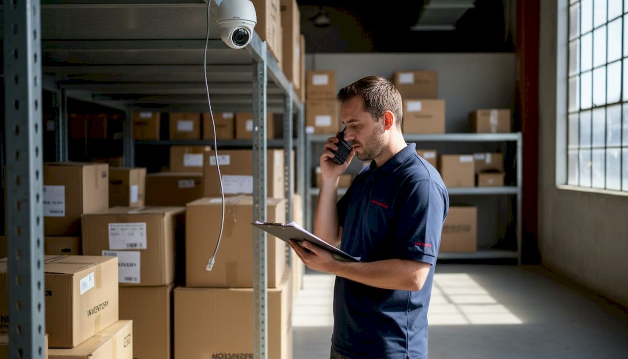 Technician tests IP camera microphone in storeroom