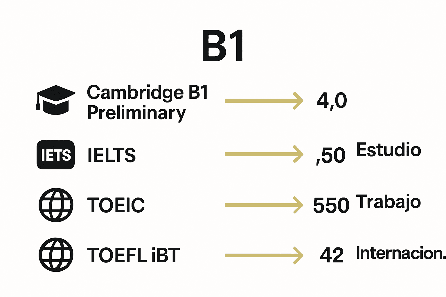Infografía que compara certificaciones de inglés B1