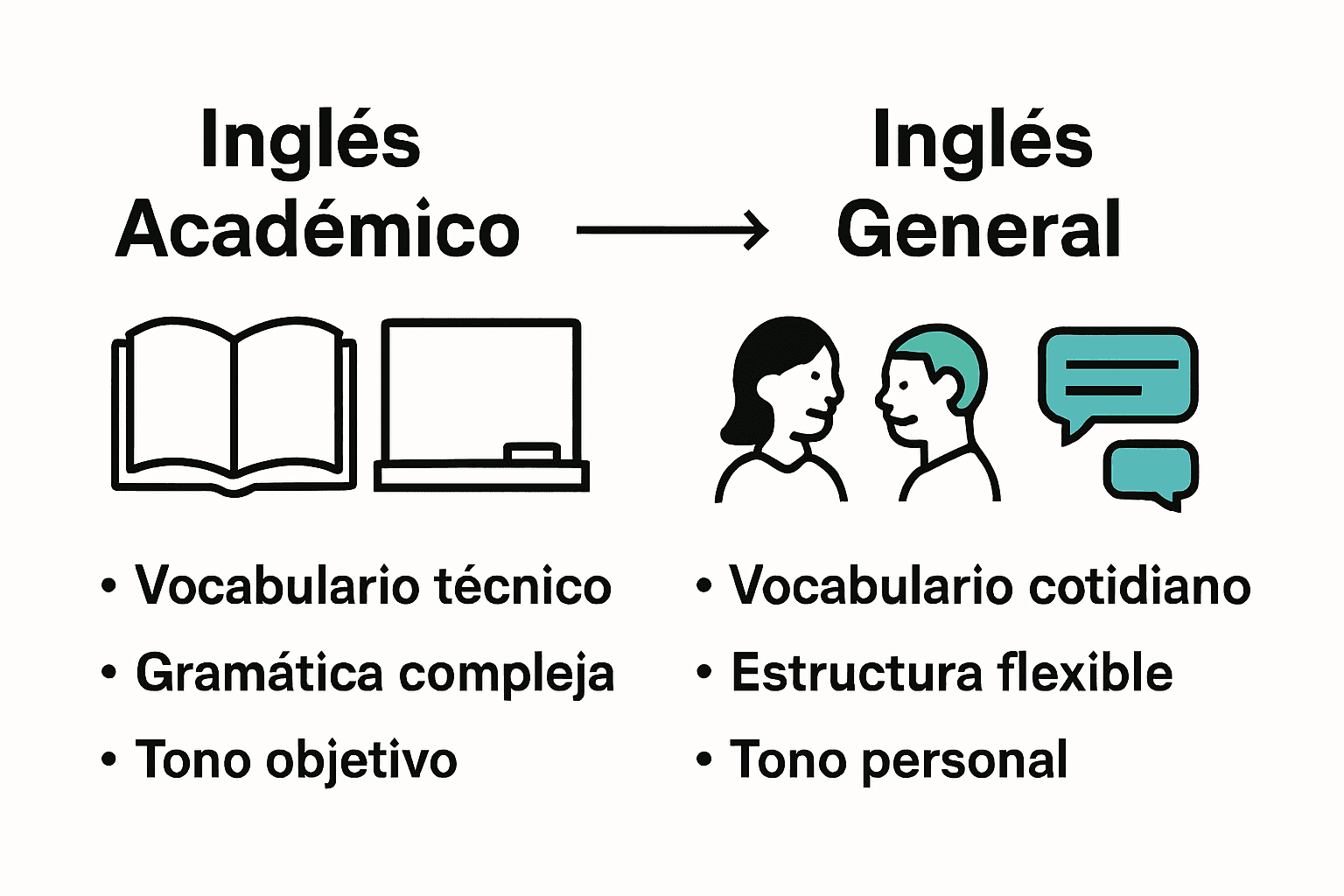 Comparativa visual de inglés académico y general con iconos