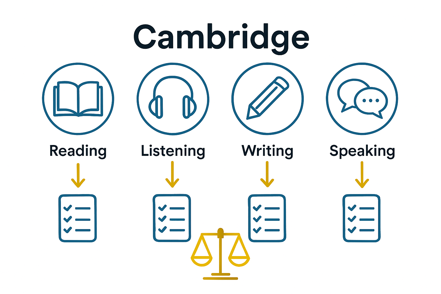 Infographic showing four Cambridge exam modules and scoring