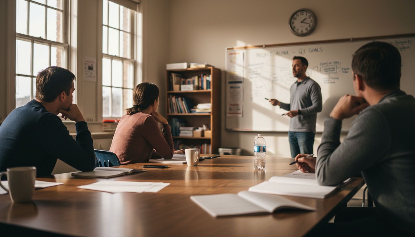 Teacher explaining levels to adult class
