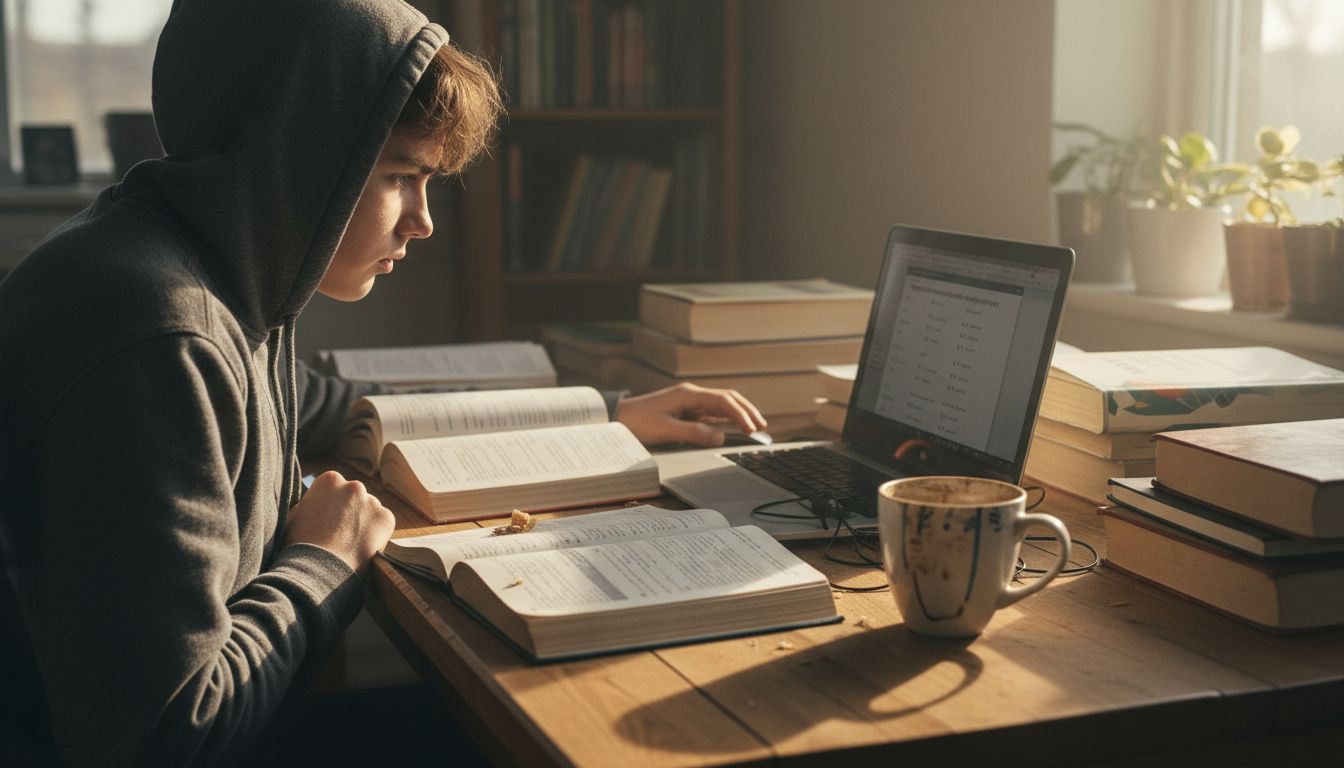 Desk with English study materials and laptop