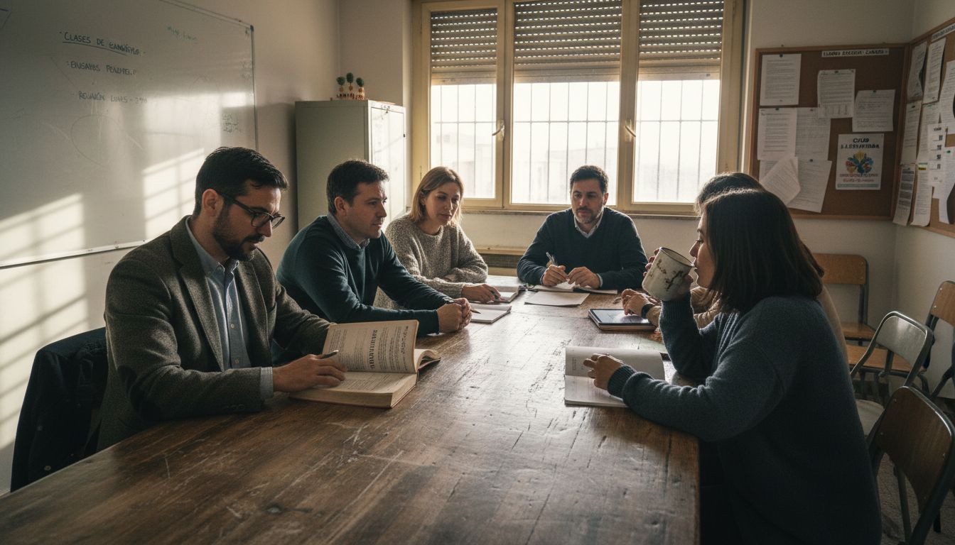Los profesores conversan sobre la clase mientras comparten la mesa en la sala de profesores.