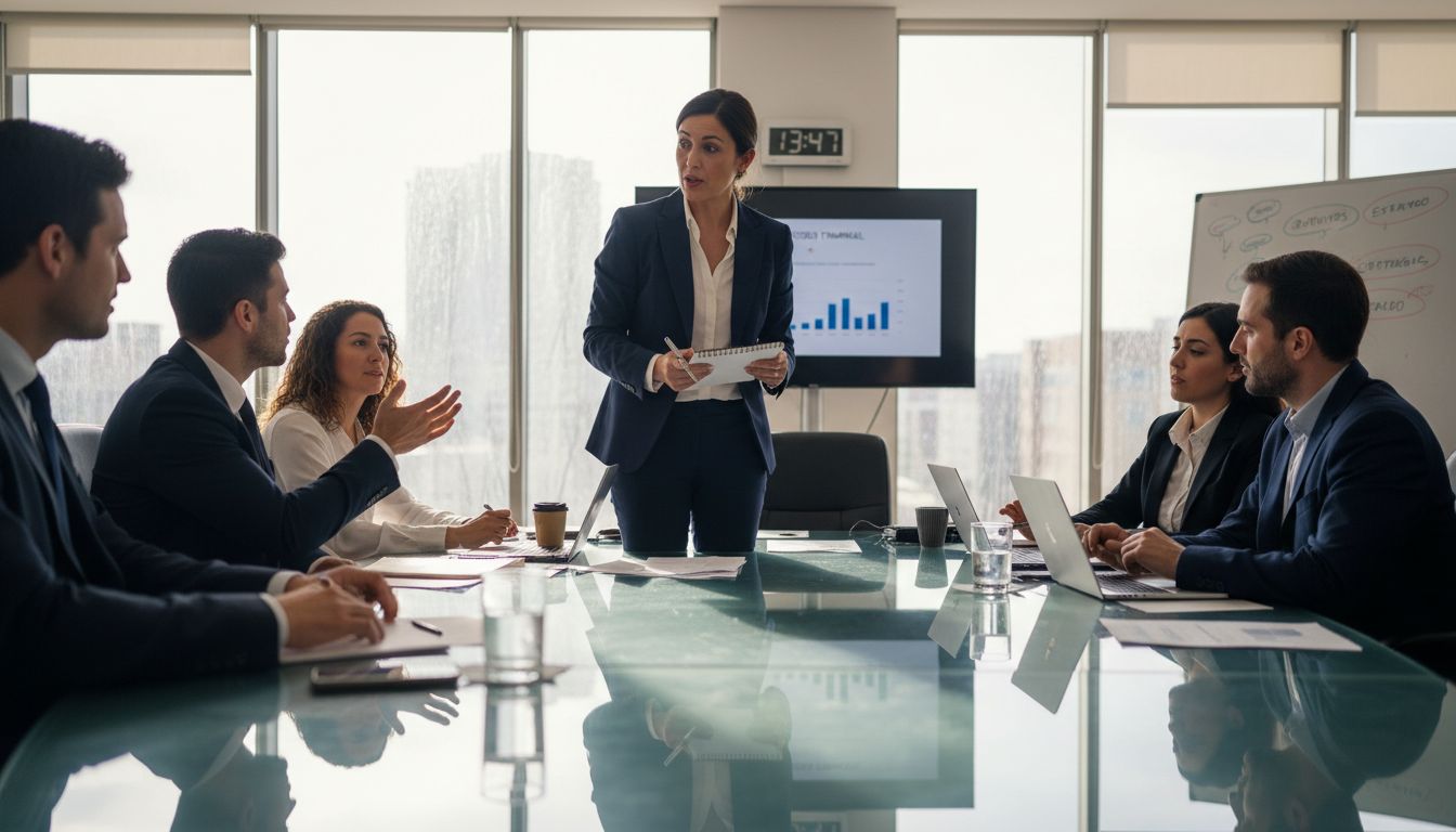 Empresarios conversando en inglés durante una reunión en la sala de juntas.